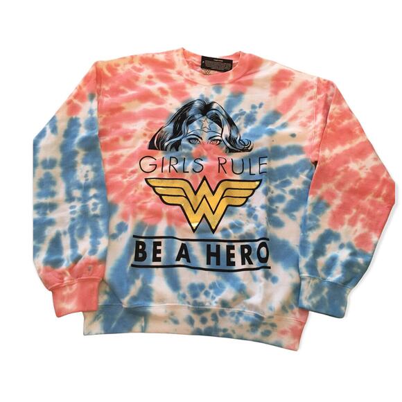 Medium Wonder Woman Pink Blue Tie Dye "Girls Rule" Sweatshirt New Pullover Crew - Picture 1 of 8